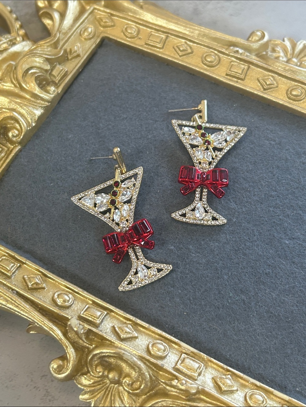 Crystal Cocktail Glass Drop Earrings with Red Bow